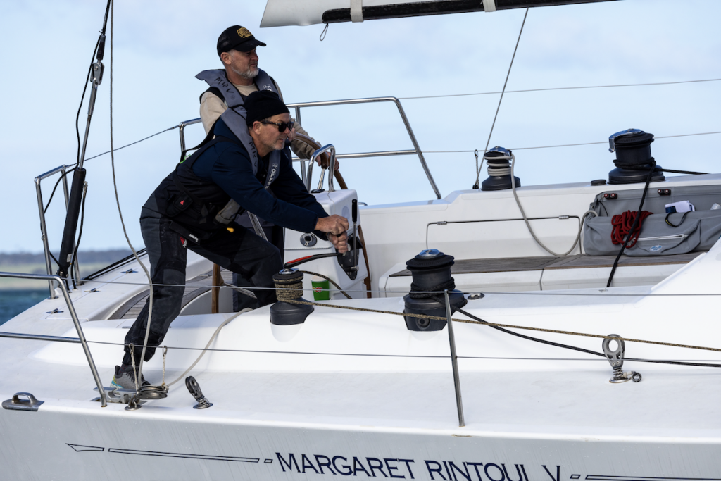 Damien King and Grant Allen working hard to the finish on MRV Photo Drew Malcolm Royal Geelong Yacht Club