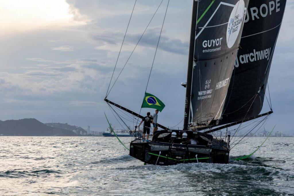 The Ocean Race 2022-23 - 30 March 2023. GUYOT environnement - Team Europe arrives in Itajaí. After a repair on the hull, the boat was delivered across the Atlantic. ⓒ Alexander Champy-McLean