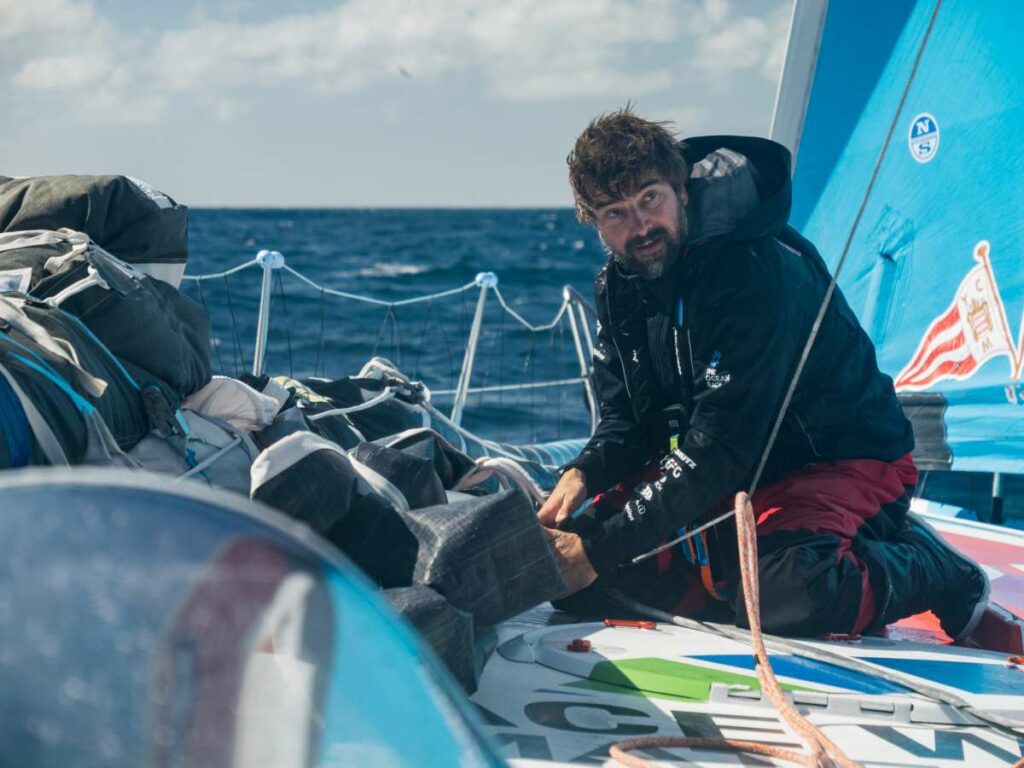 The Ocean Race 2022-23 - 30 March 2023, Leg 3 Day 32 onboard Team Malizia. Skipper Boris Herrmann working on deck. © Antoine Auriol / Team Malizia