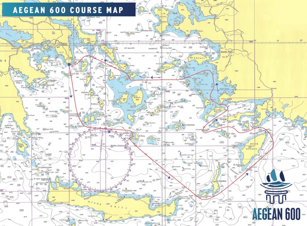 COURSE : START (Sounio) – Milos island to port – Gate at Santorini Caldera – Kassos, Karpathos and Rhodos islands to port – Kandelousa to starboard – Kos to port, Kalolimnos to starboard, Farmakonissi, Agathonissi and Patmos islands to port – Gate at Mykonos and Dilos strait – Kea island to port –FINISH (Sounio). The length of the course is approximately 605 nautical miles Non-Stop.