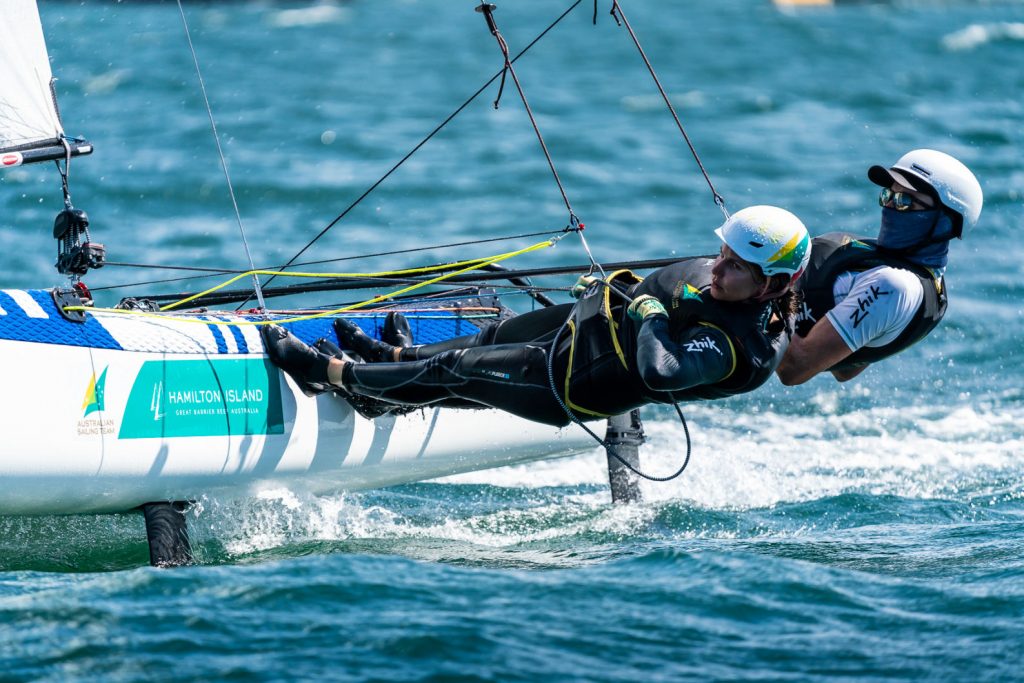 Jason Waterhouse and Lisa Darmanin sailing upwind on the Nacra 17.