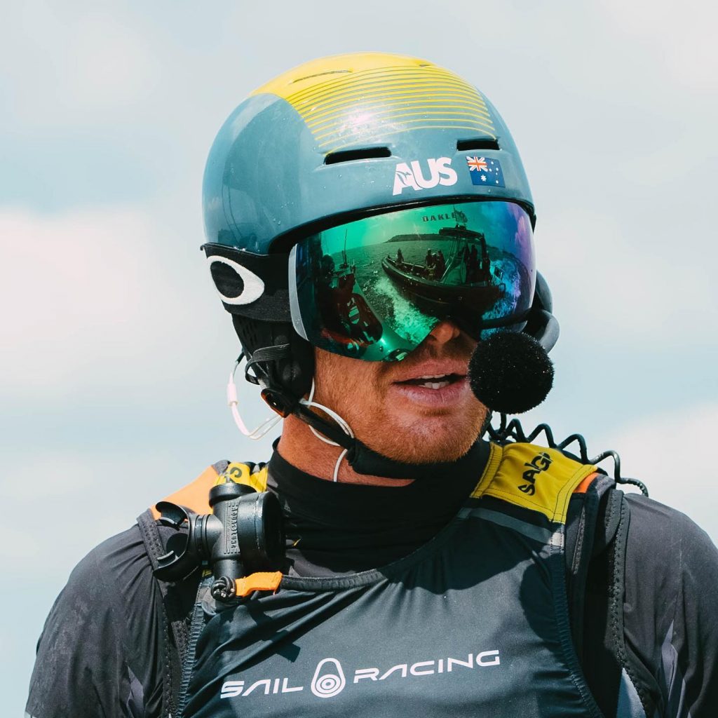 Tom Slingsby with his helmet and headset on for SailGP