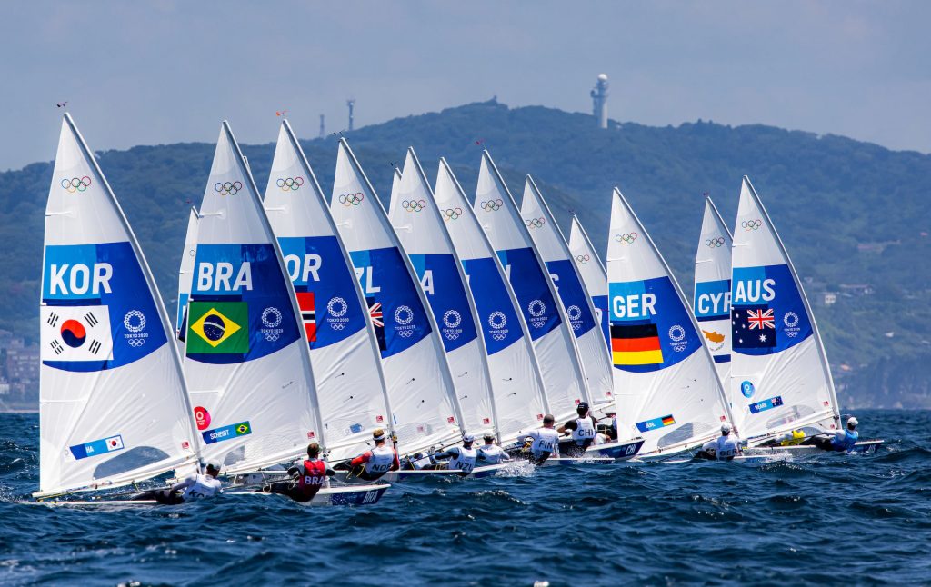 Laser fleet just after the start with Matt Wearn's sail just in front.