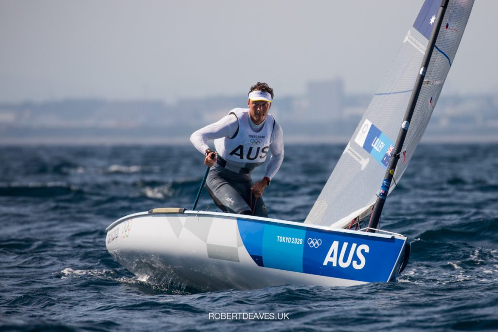 Jake Lilley sailing upwind on the Finn