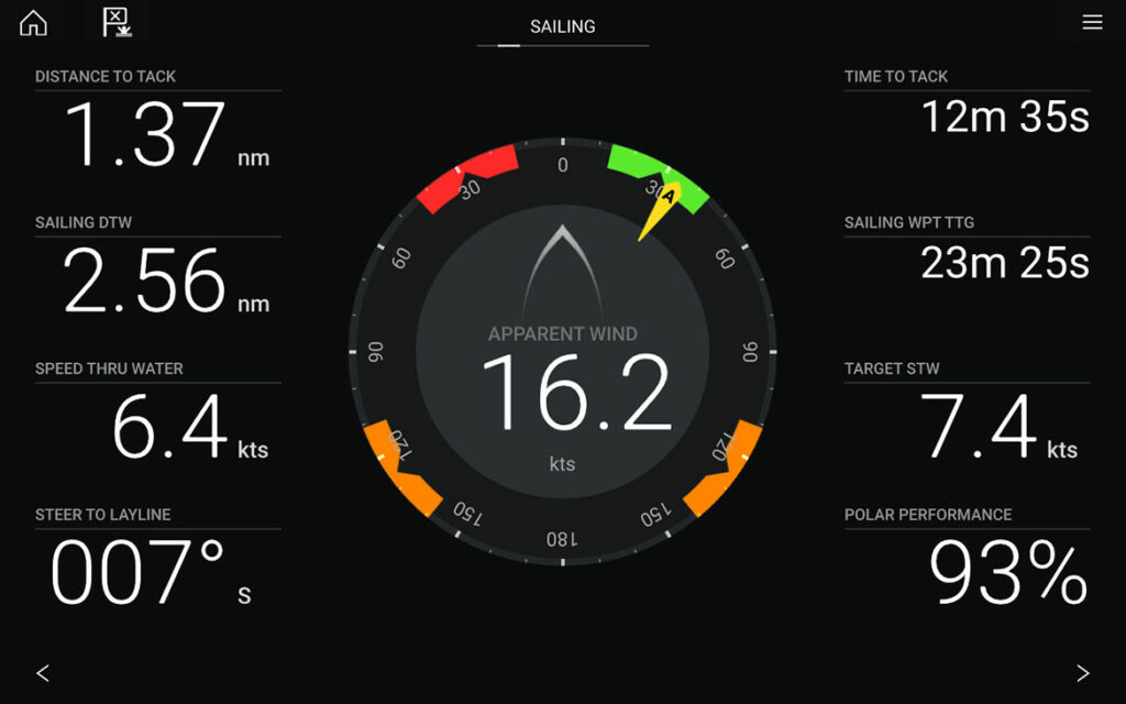 Raymarine screen with with speed, distance, knots, etc.