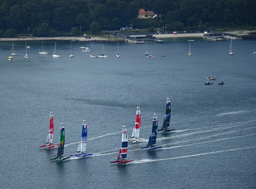 The SailGP fleet warming up ahead of Race Day 1 Denmark SailGP, Event 4, Season 2 in Aarhus, Denmark 20 August 2021.