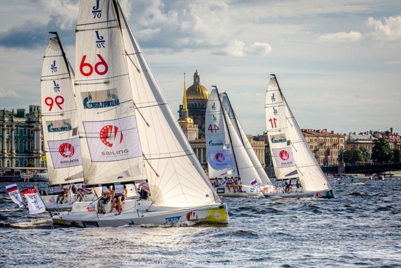 Fleet racing with the backdrop of St. Petersburg