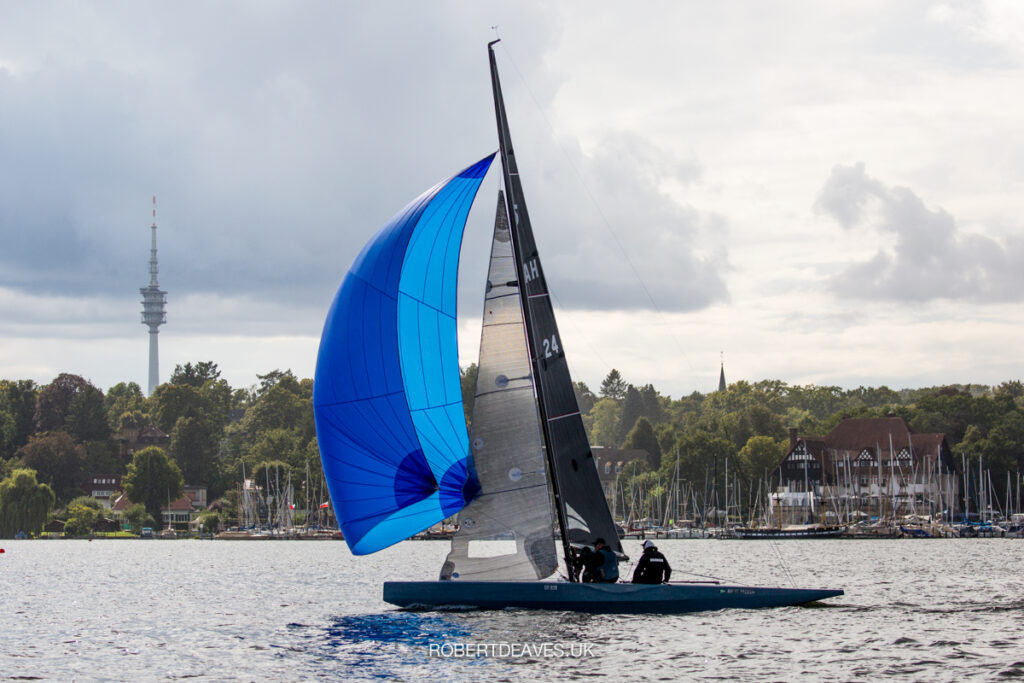 New Moon II on a spinnaker run (blue spinnaker).