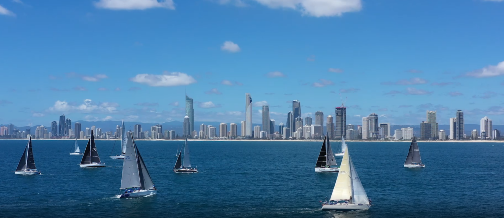 Yachts racing off Gold Coast main strip. 