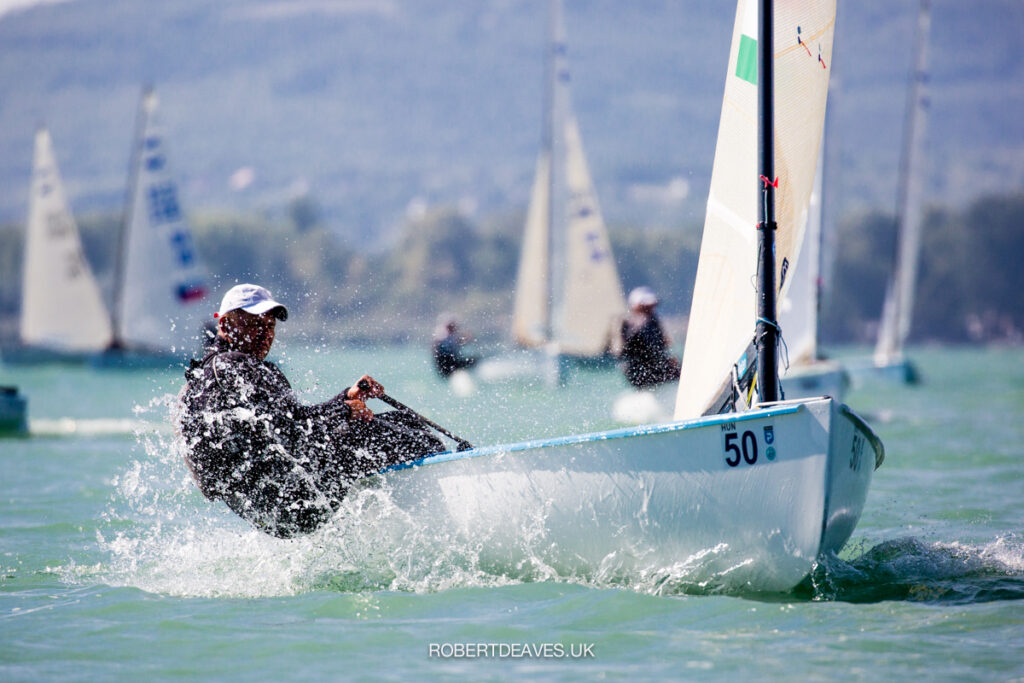 Akos Lukats sailing upwind in chop. 