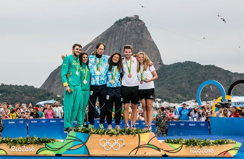 Jason Waterhouse and Lisa Darmanin (AUS), Santiago Lange and Cecilia Carranza Saroli (ARG) and Thomas Zajac and Tanja Frank (AUT) on the podium at the Rio 2016 medal ceremony.