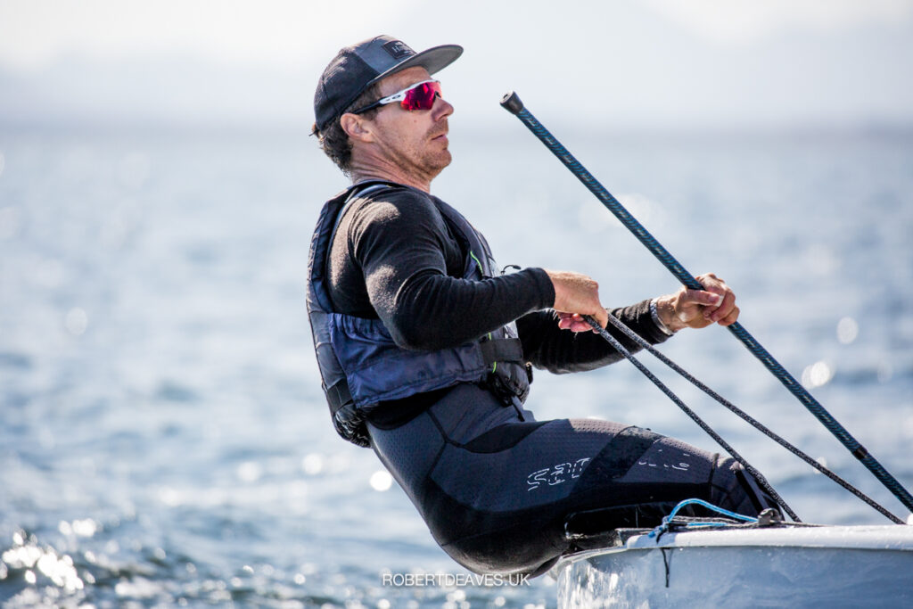 Valerian Lebrun pulling on his mainsheet.