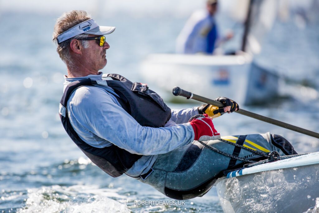 Laurent Hay sailing upwind, hiking