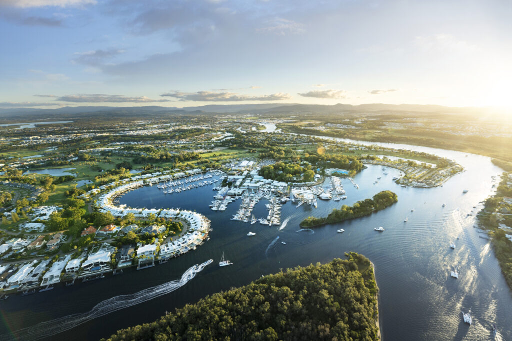 Aerial shot of Sanctuary Cove, Hope Island.