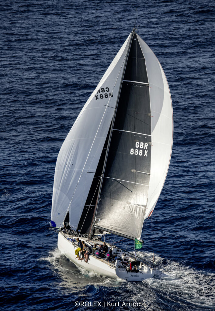 Aerial shot of Sunrise on a spinnaker reach.