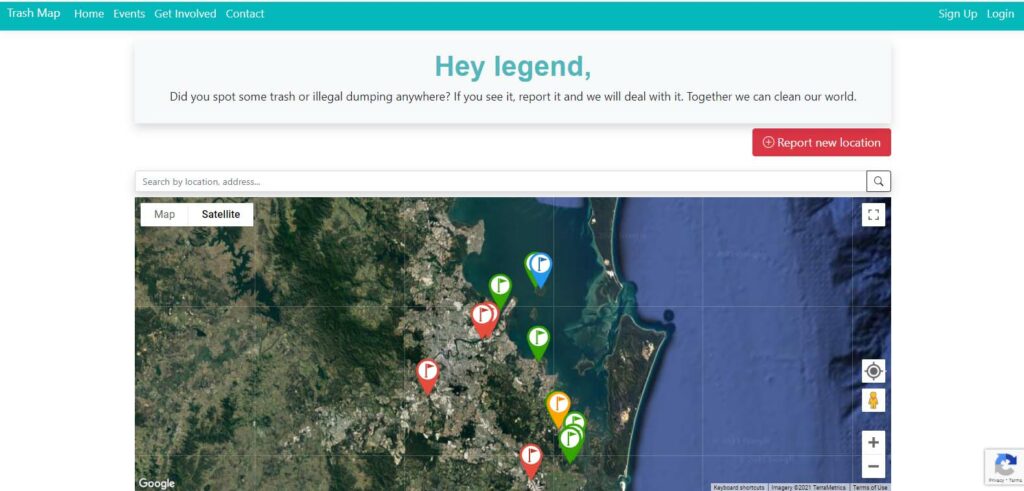 Home page of Trash Map. A map with different colour flags at different locations.