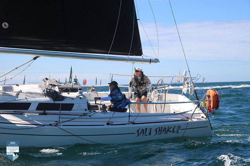 Peter Franki and Drew Jones sailing upwind on Salt Shaker.