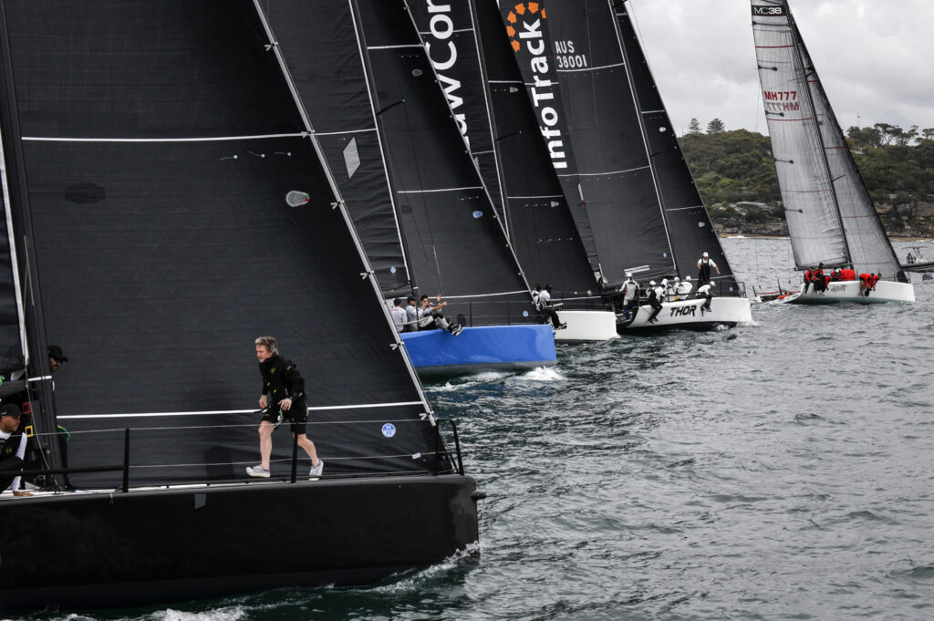 MC38 2021 Nationals fleet sailing upwind.