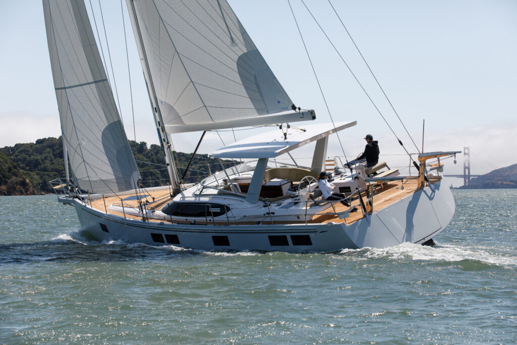 H57 sailing upwind, teak deck.