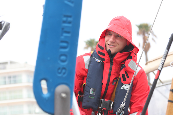 Severin Hummer in wet weather gear.