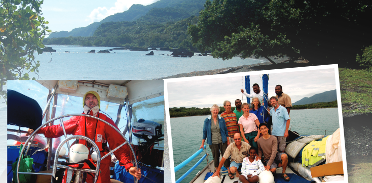 Robert Latimer takes the helm of Chimere (left) and Australian medical volunteers and Ni-van health workers on the island of Tanna (right). 