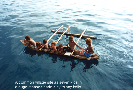 Village kids on a handmade canoe.