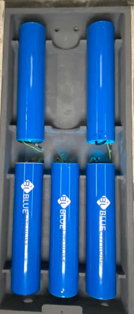 Blue lithium battery bank.