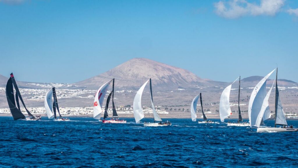 Fleet on kite reach, mountain in the background.