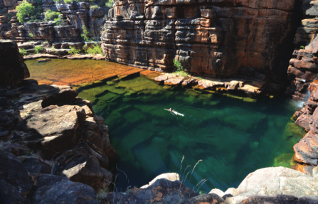 Waterhole above east King George Falls. Person swimming.