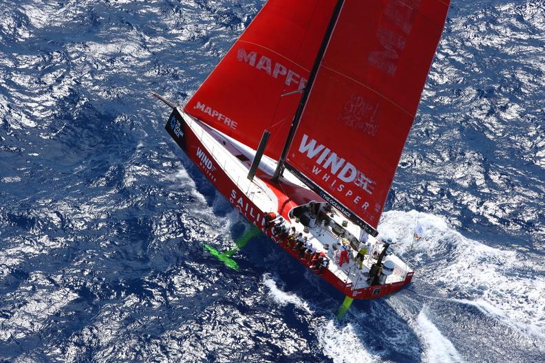 Aerial shot of Sailing Poland sailing upwind.