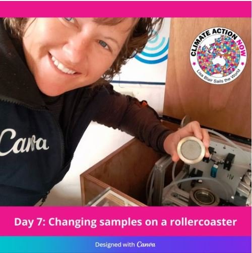 Selfie of Lisa Blair changing microplastic samples on board Climate Action Now.