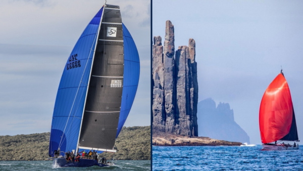 Two photos, V5 on a kite reach and Wings on a kite reach around the coast of Tasmania.