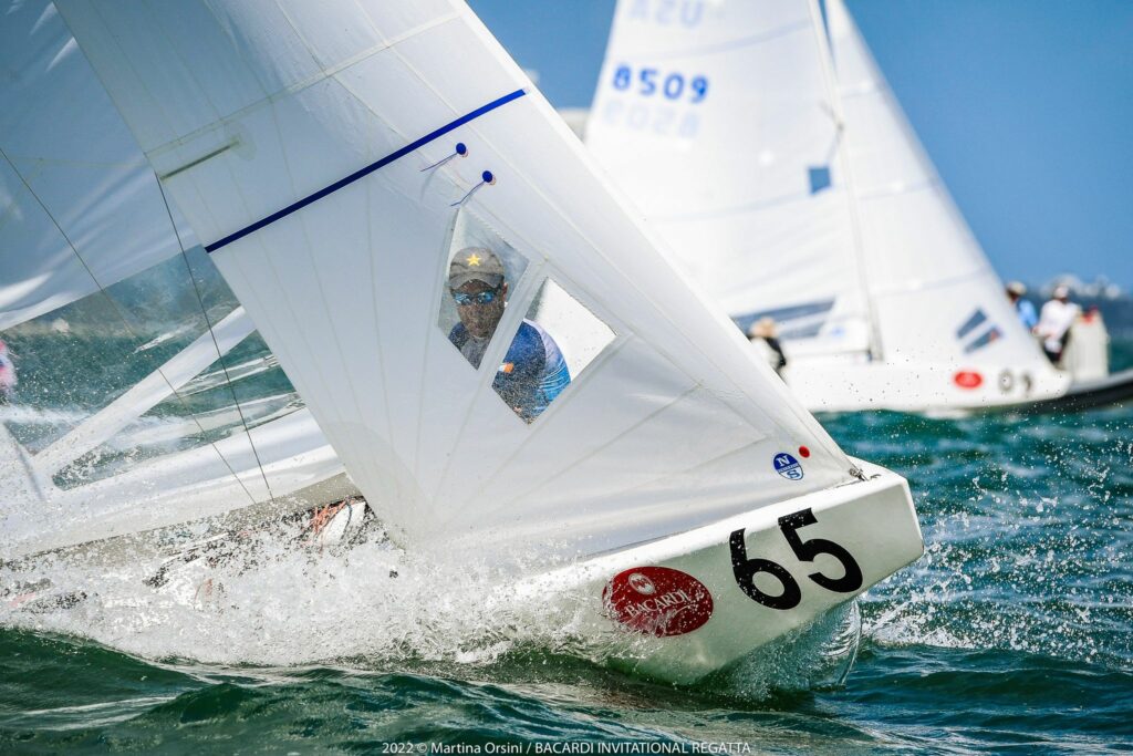 Peter O'Leary/Robert O'Leary (IRL) sailing upwind. Can see crew through jib window.