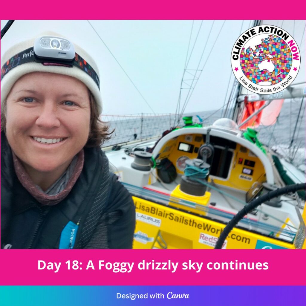 Selfie of Lisa Blair on day 18 with the boat sailing in the background.