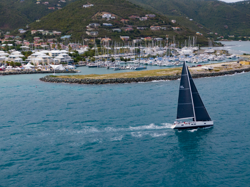 Aerial shot of Swan 58 OMII sailing upwind.