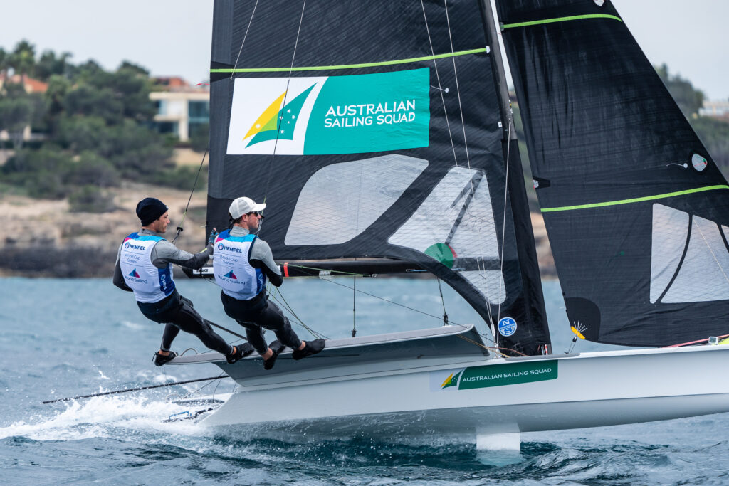 Jim Colley and Shaun Connor sailing on the 49er.