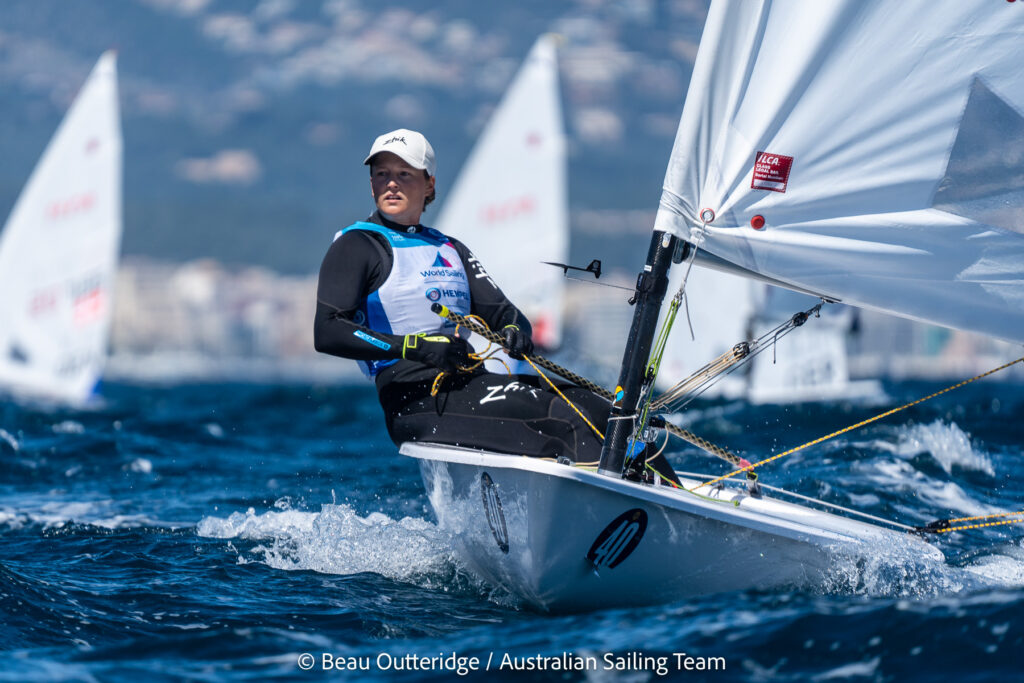 Elyse Ainsworth sailing on a reach on the Laser.