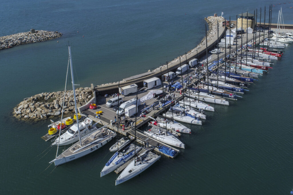 Aerial shot of the marina with boats.