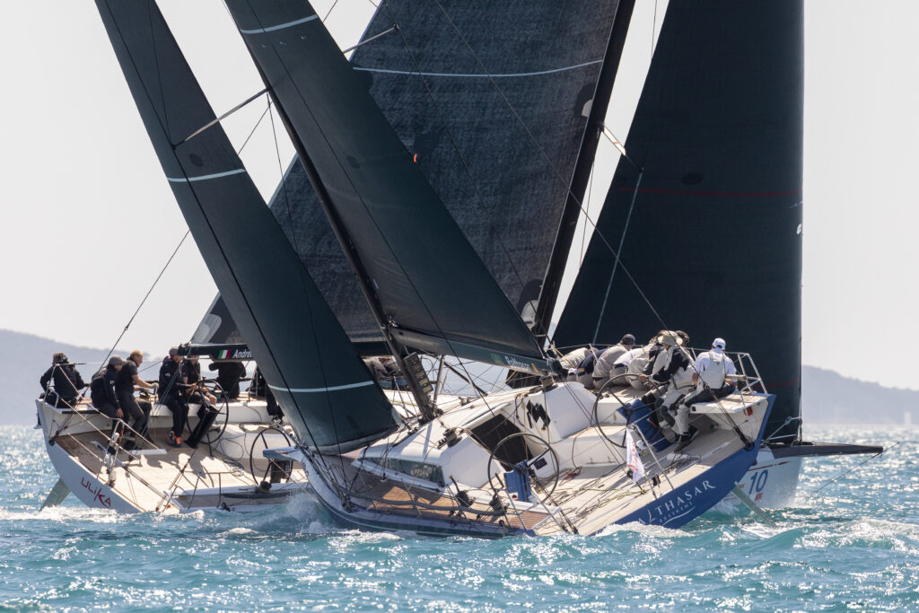 Balthasar sailing upwind on starboard, another yacht just passing ahead on port.