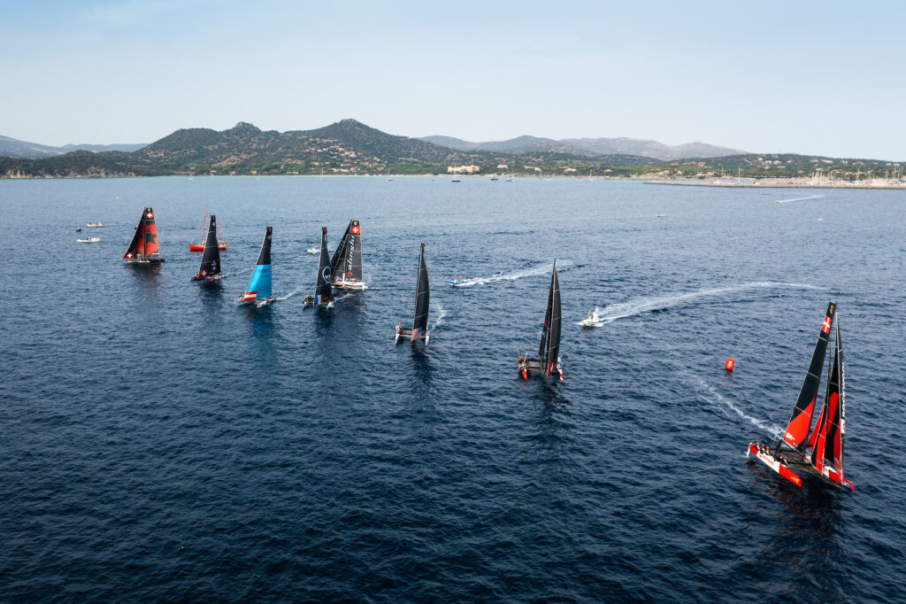 Aerial shot of GC32 fleet after race start.