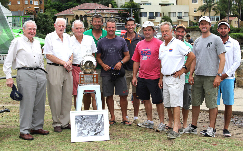 18 footers champions at the launch of the replica Myra Too.