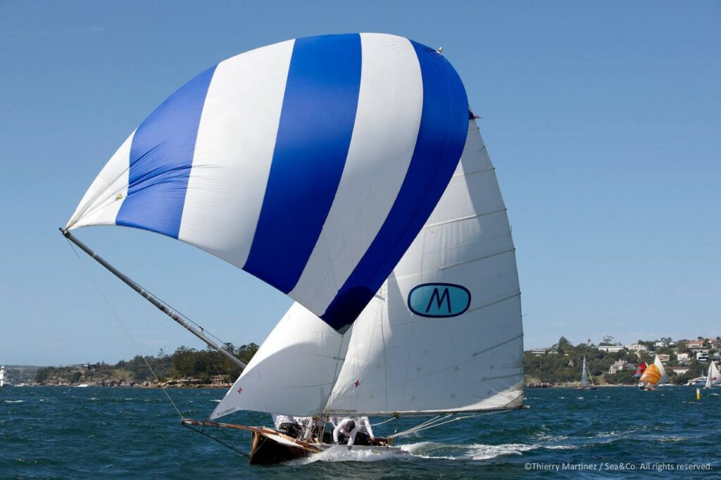 Myra Too replica sailing on Sydney Harbour.