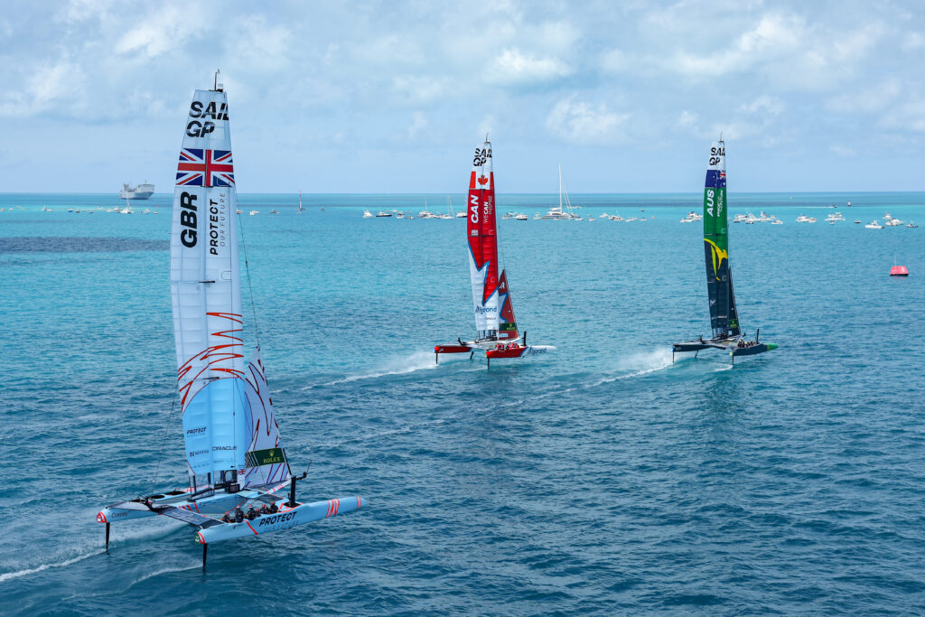 Three F50s sailing upwind.