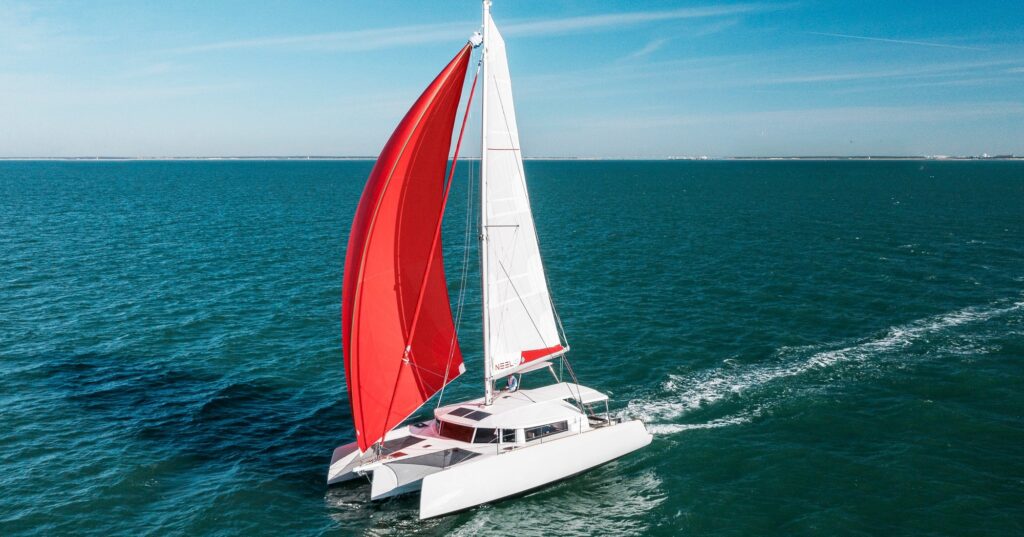 Aerial shot of Neel 43 Trimaran.