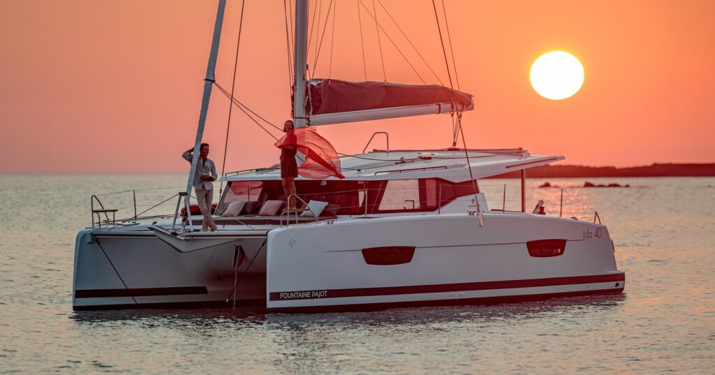 Isla 40 at anchor at sunset.