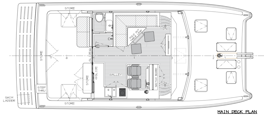 Scimitar 1010 Sedan main deck plan. 