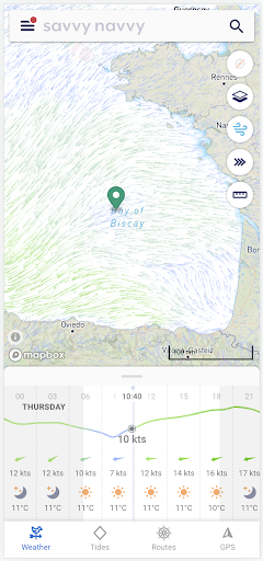 savvy navvy app opened, showing weather chart.