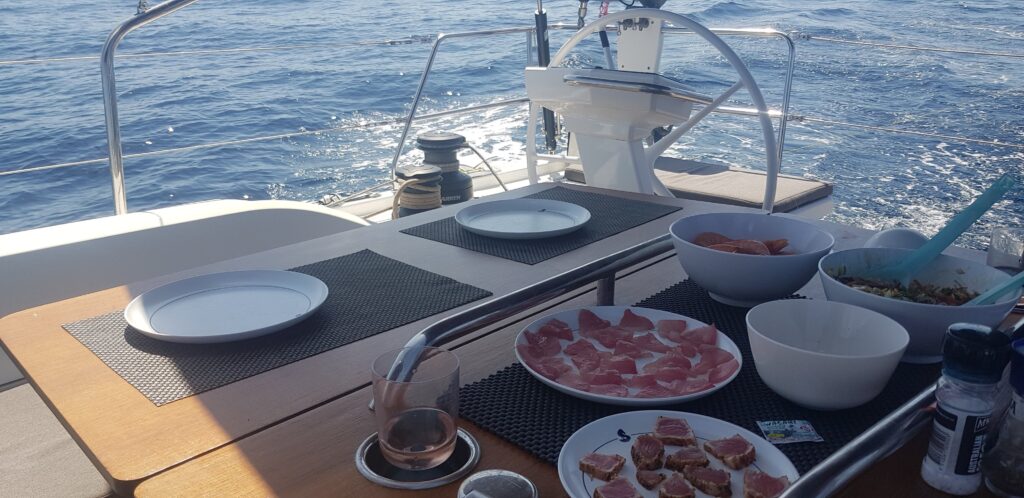 Meat platter on table in cockpit.