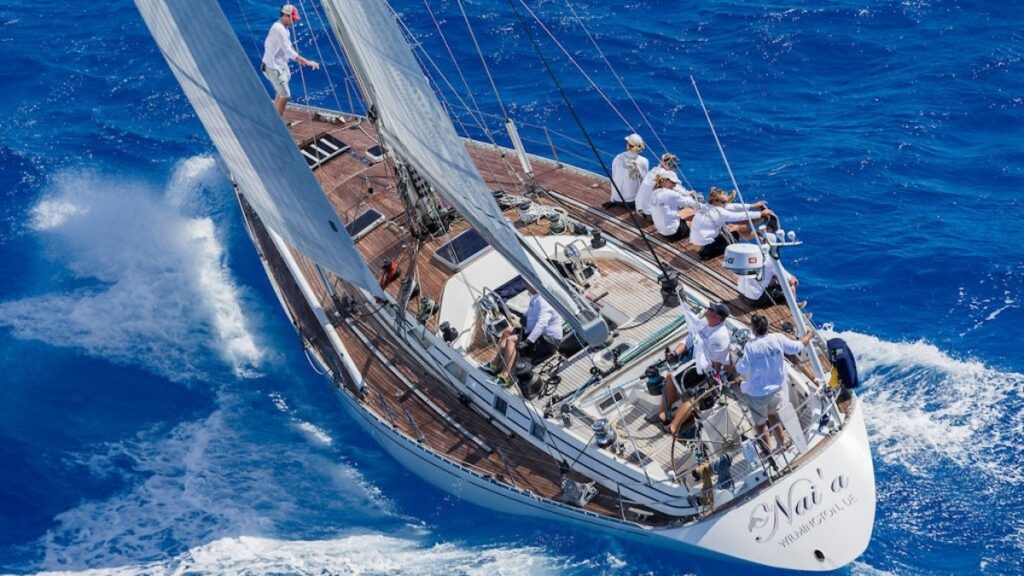 Aerial shot of Nautor’s Swan 53 sailing upwind.