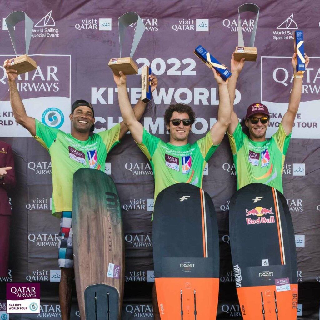 Hydrofoil-Freestyle World Championship podium: Winner Charles Brodel (FRA), 2nd Alex Soto (DOM), 3rd Maxime Chabloz (SUI)